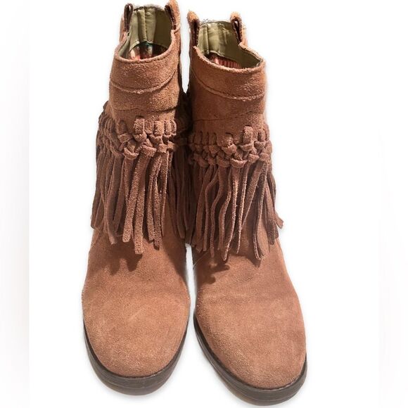 Tan Suede Fringe Ankle Booties with Stacked Heel - Picture 2 of 5
